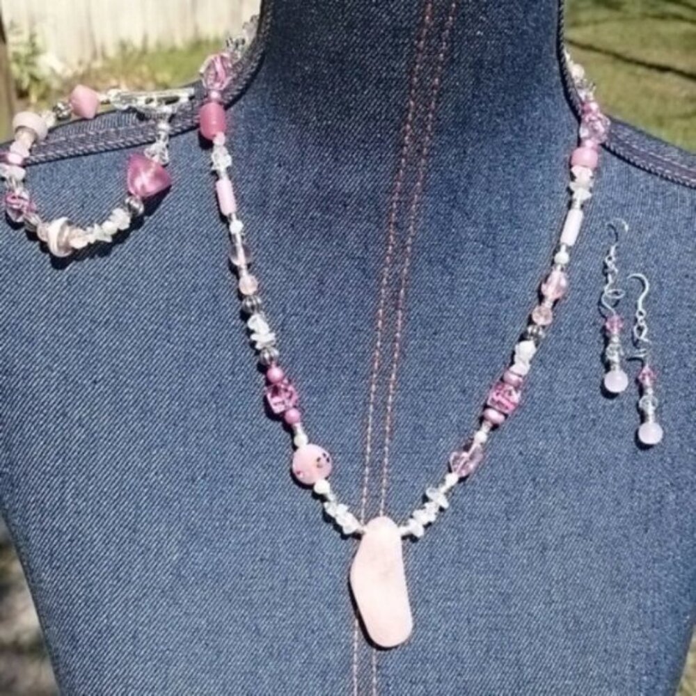 Hand Crafted Genuine Rose Quartz Freshwater Pearls Necklace Earring Set Boho - Picture 2 of 7